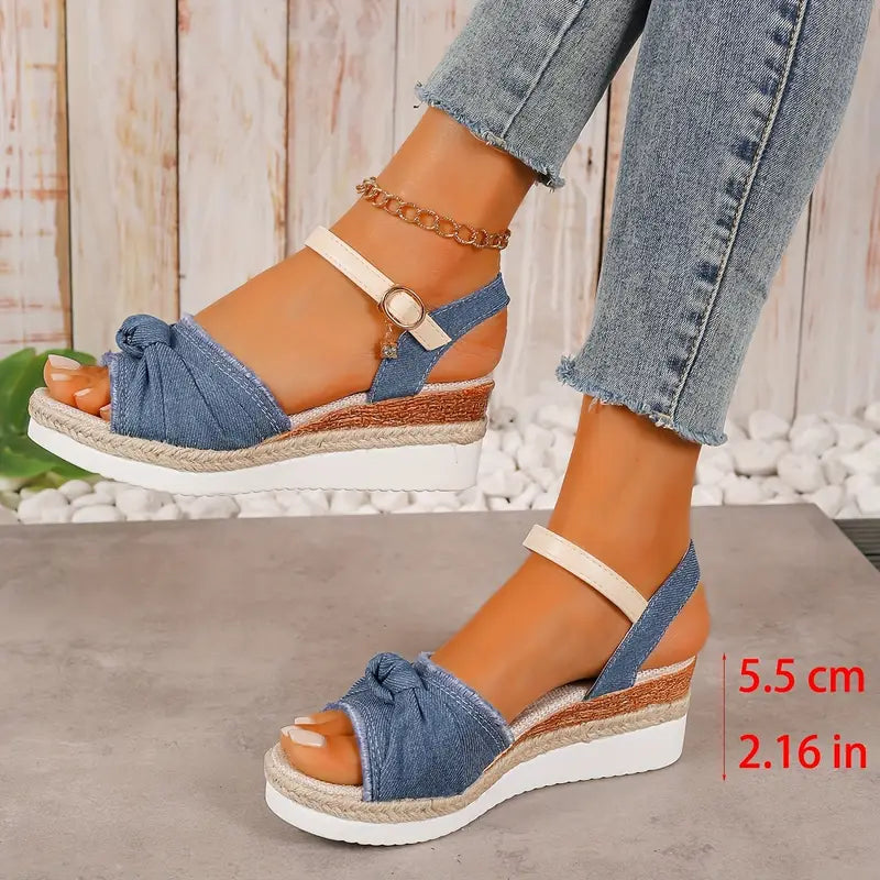 BEGA™ WOMEN'S DENIM BOW ANKLE STRAP WEDGE SANDALS