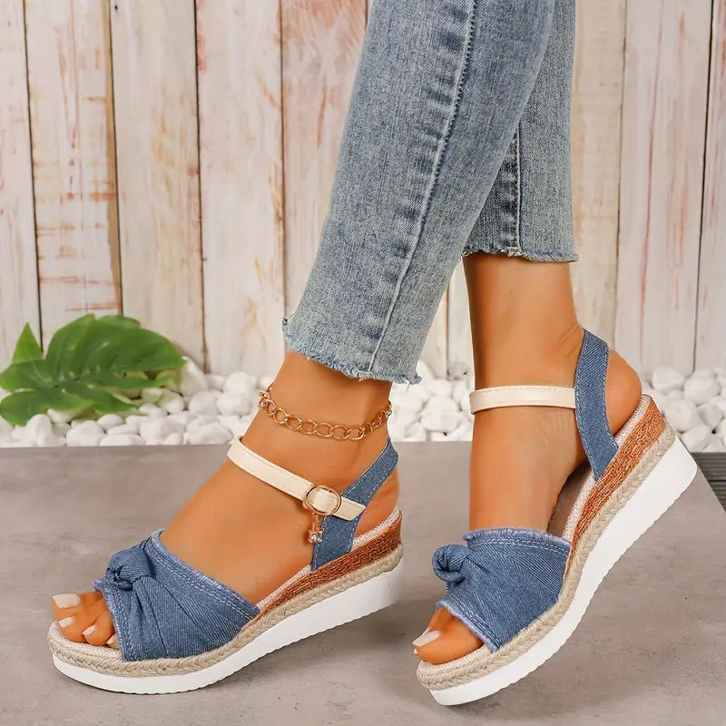 BEGA™ WOMEN'S DENIM BOW ANKLE STRAP WEDGE SANDALS